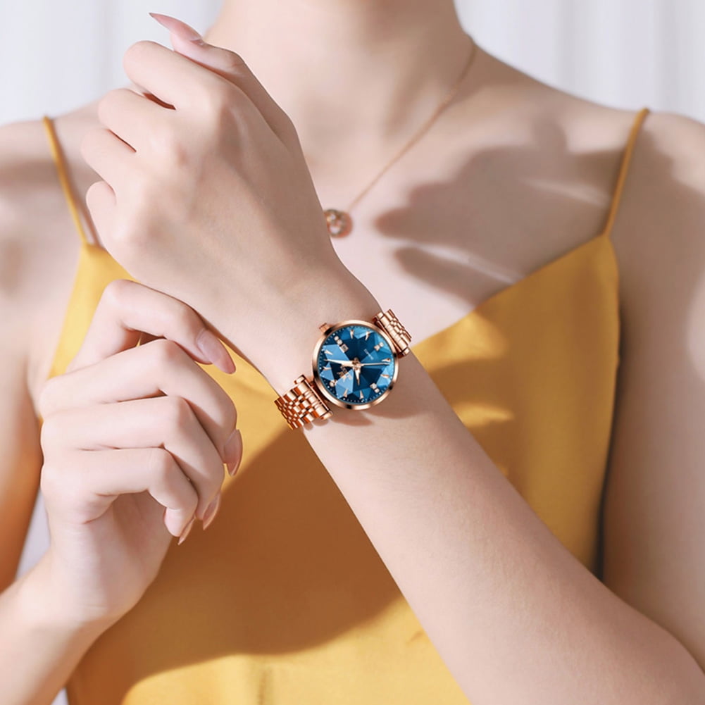 OLEVS Women Watch Fashion Rose Gold Diamond Analog Quartz Female Watch for Women Luxury Dress Ladies Stainless Steel Luminous Waterproof Date Wrist Watches Blue Dial