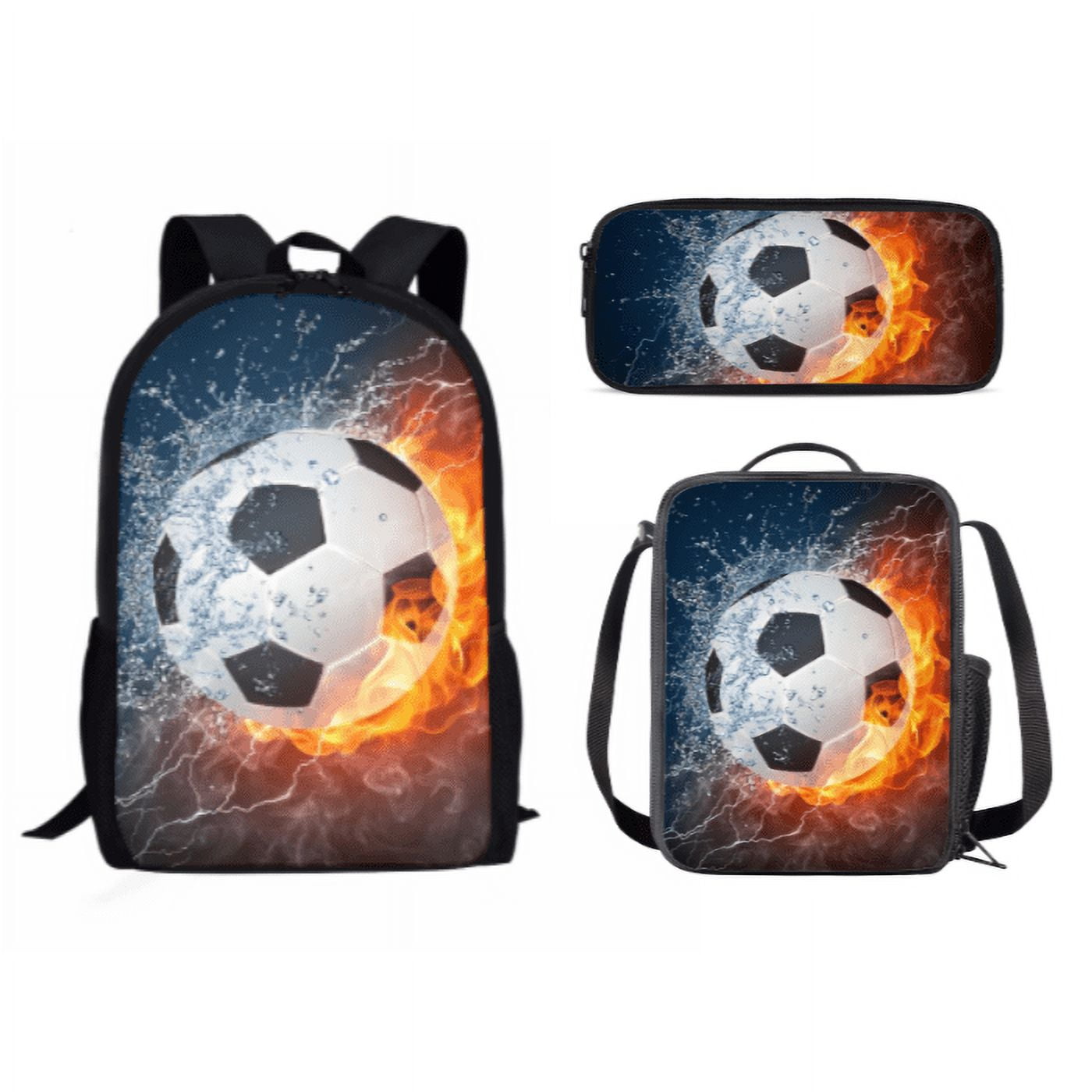 NETILGEN Water & Fire Football Design School Bags for Teen Girls 14-16  Picnic Lunch Box for Secondary School Pencil Case School Supplies of 3 Pack  Suit 