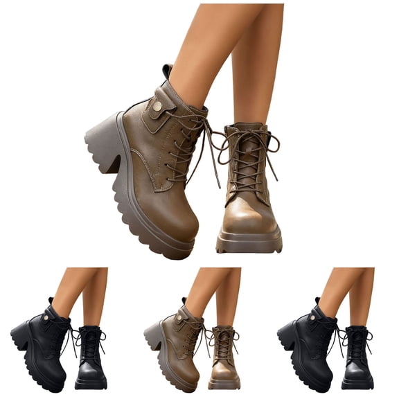 Pandaie Women's Combat Boots Lace up Platform Chunky Ankle Booties High Heel Lug Sole Side Zipper Biker Fashion Punk Shoes Black 6