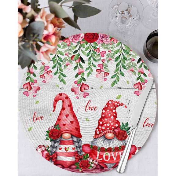13 Inch Round Placemats Set of 4, Red Gnomes Non Slip Heat Insulation PP Table Mats, Valentine Roses Love Leaves Wood Rustic Washable Place Mats for Kitchen Dining Party Table Decor