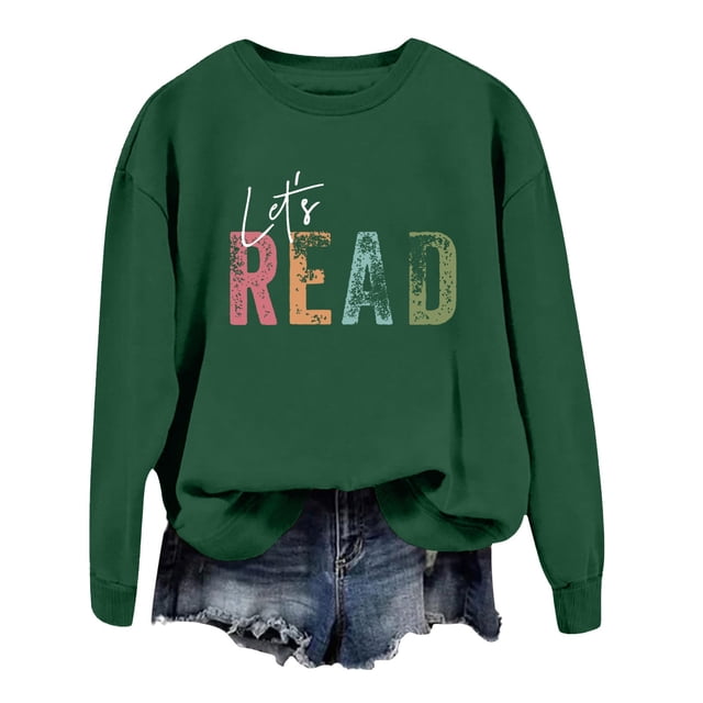 Huaizzzy Chandail en Molleton de Lecture pour Femmes Let's Reading Graphic Manches Longues Chemises Col Rond Bibliothèque Enseignante Chandail-Over Tops Dames Hauts Manches Longues Haut Décontracté Raglan Chandails à Capuchon Femmes Grande Taille