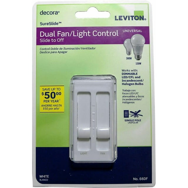 Interruptor deslizante con ventilador y atenuador LED Leviton 3001337, color blanco