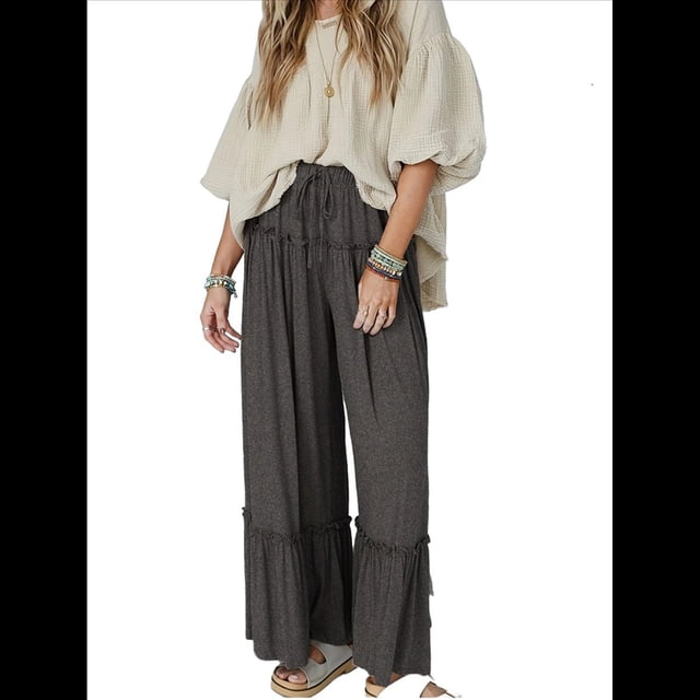 Pantalones Palazzo Holgados de Playa con Cintura Alta Elástica, Dobladillo con Volantes y Pierna para Mujer Gris Oscuro XL