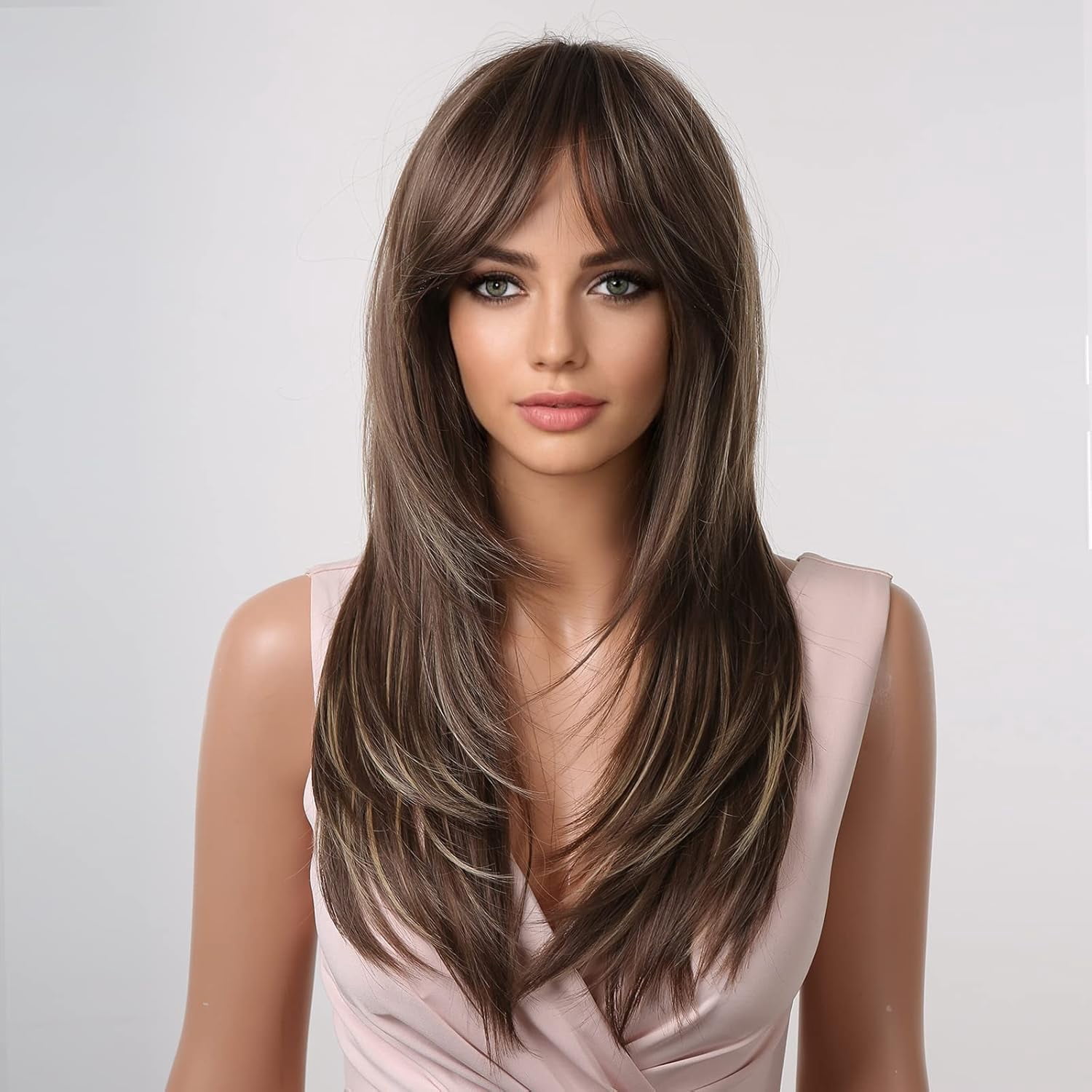 Sucs Long Layered Synthetic Hair Wigs for Women with Bang