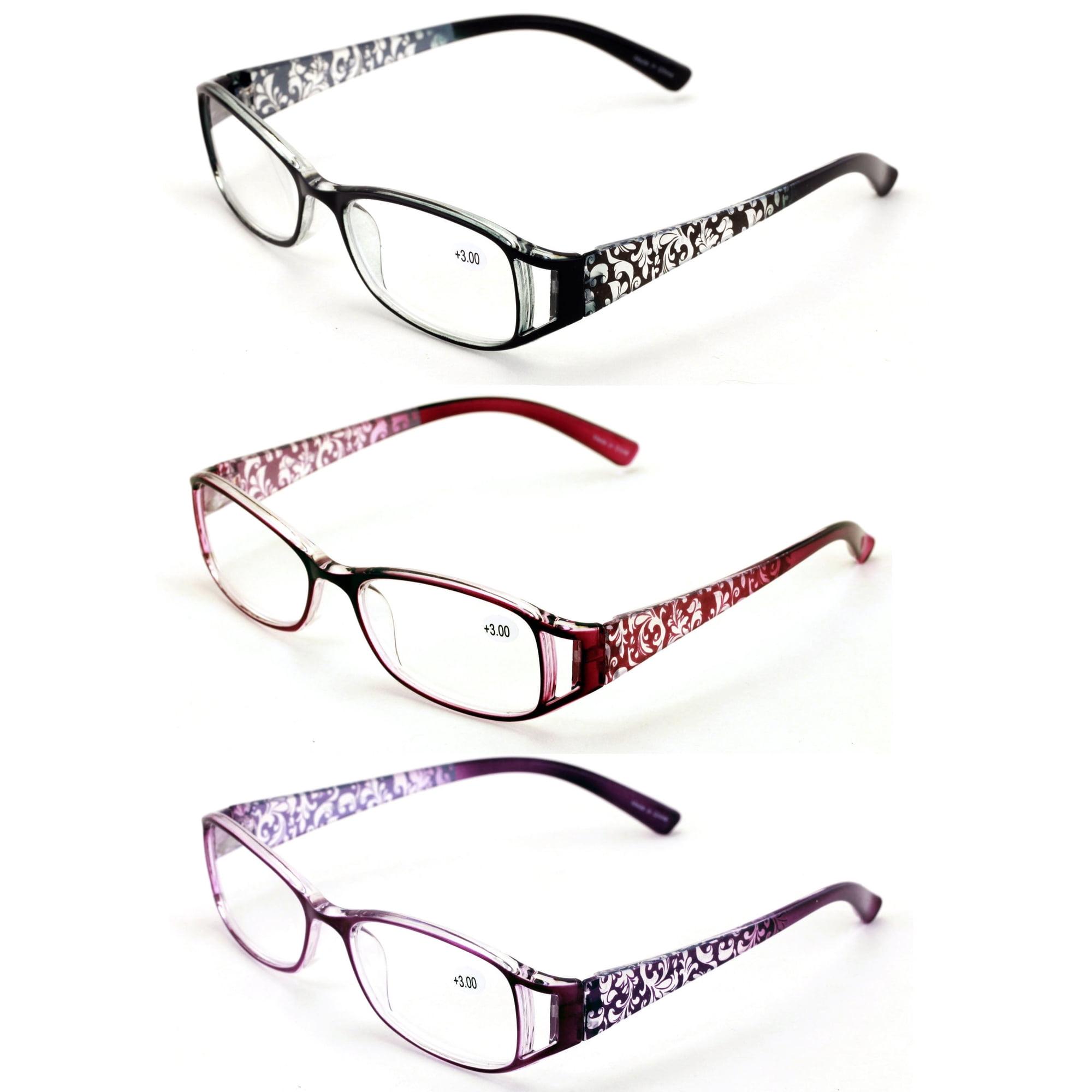V.W.E. 3 Pairs Women Flower Temple Floral Readers - Fashion Reading Glasses Magnification - Black Maroon Purple