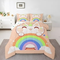 Manfei Kawaii Orange Cat Queen Comforter Set for Kids, Cartoon Rainbow Bedding Sets, Cute Stars Print Reversible Bedding Comforter Set, Breathable Home Decor, 3pcs