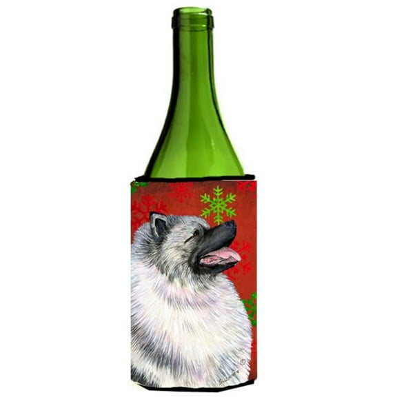 Keeshond Red And Green Snowflakes Holiday Christmas Wine bottle sleeve Hugger - 24 oz.
