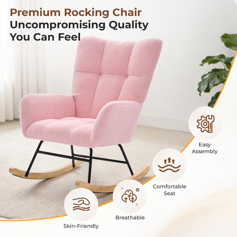 Gianna Rocking Chair with High Backrest, Teddy Upholstered Indoor Reading Glider Chair with Comfy Seat for Bedroom, Living Room, Pink