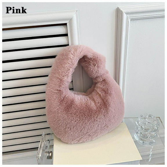 Fashion Furry Handle Clutch Fur Handbags Coin Purses Half Moon Bag Wrist Bags PINK