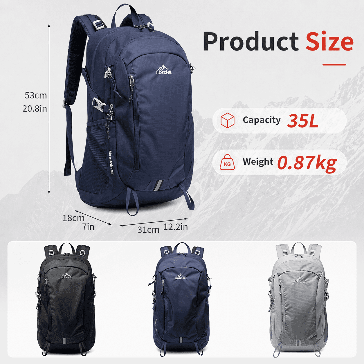 JIDIZHE 35L Polar Explorer Hiking Backpack, Lightweight Water-Resistant Outdoor Travel Backpack for Men & Women, Blue