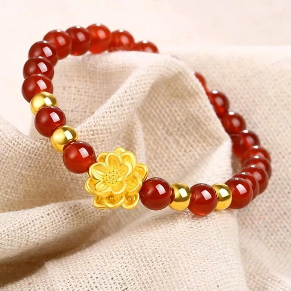 K-KED Real 24K Yellow Gold Bracelet 3D Lotus Bead Red Agate Bead 8mm Bracelet 7inchL