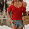 thumbnail image 2 of Top con hombros descubiertos para mujer, blusa holgada informal con estilo y tirantes finos, camisa de manga corta con volantes para citas, color rojo XL, 2 of 6