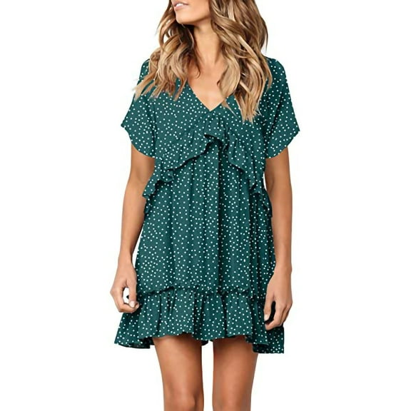 Pntutb Women's Dress Dot Print Drees Knee-Length Short Sleeve Draped Dress Green XXL