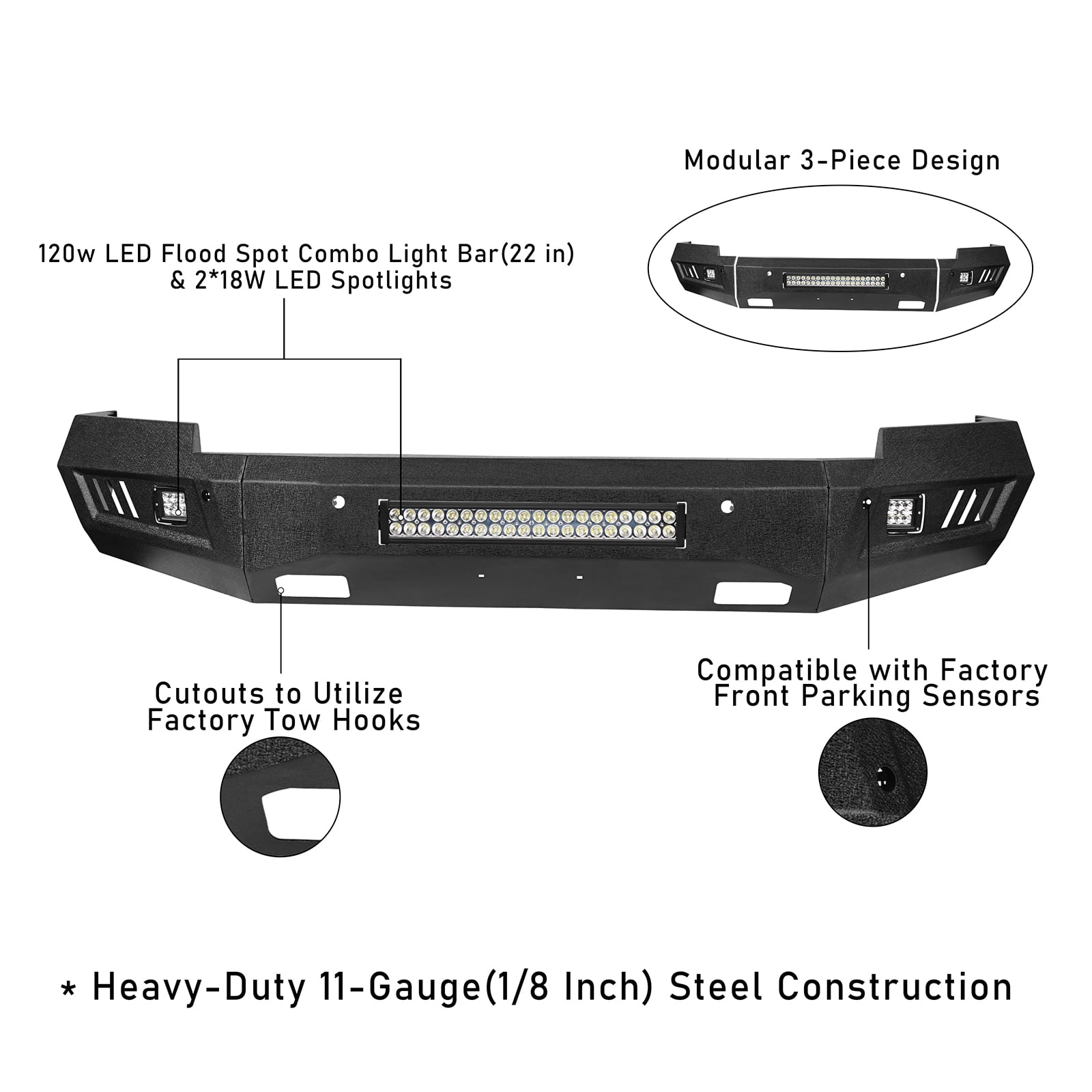 Hooke Road Fit Chevy Silverado 1500 2014 2015 Full Width Front Bumper Steel