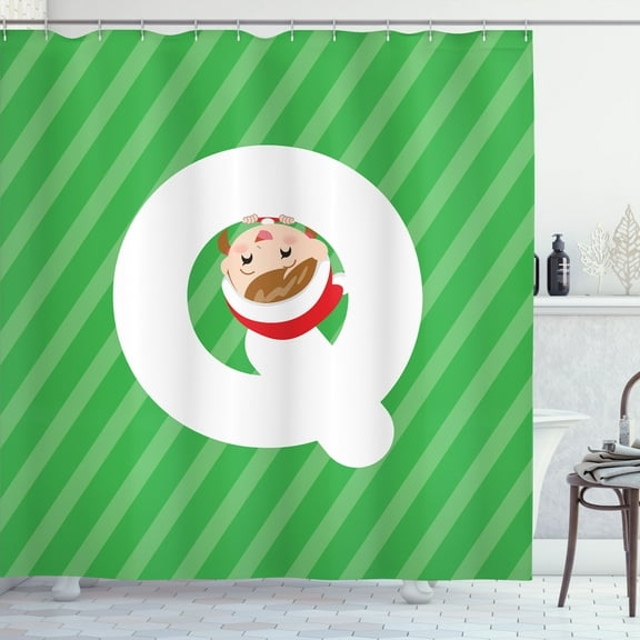 Ambesonne Christmas Alphabet Shower Curtain, Cartoon Q Elf, 69"Wx75"L, Green Dark Coral White