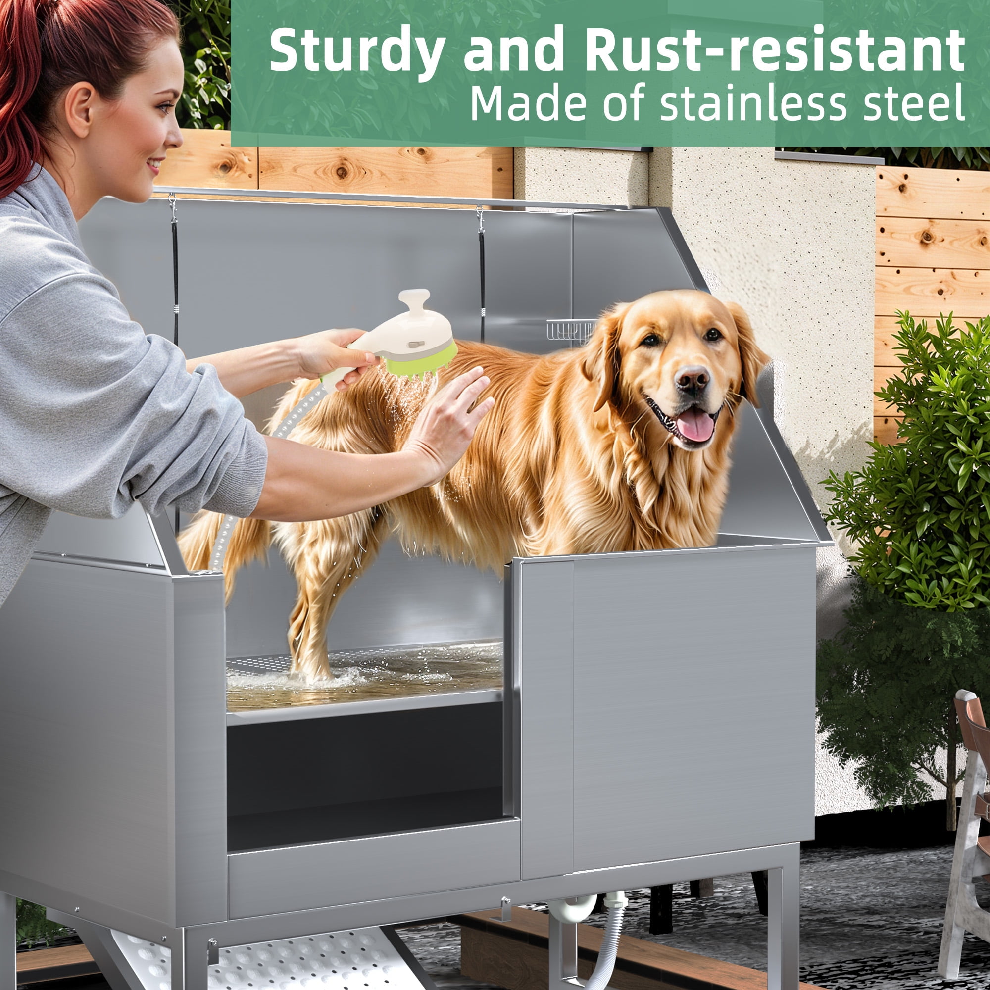 50" Dog Washing Station Professional Stainless Steel Dog Pet Grooming Bath Tub for Salon,Dog Bathtub with Ramp for Indoor Outdoor, Left Door