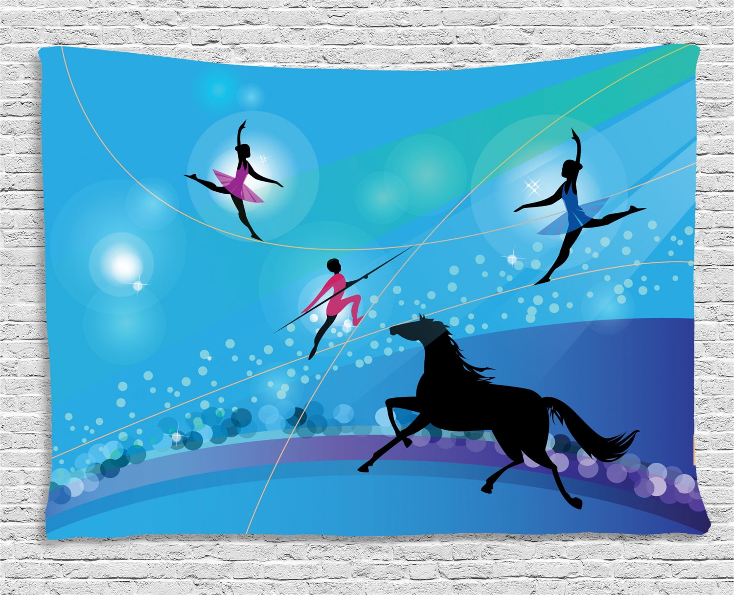 Circus Tapestry, Graphic Silhouettes of Trapeze Artists or Ballerina on