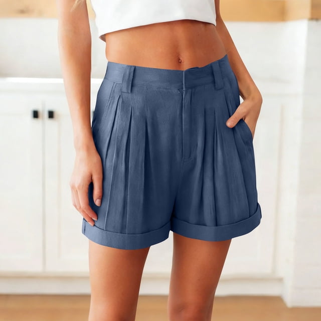 TaTaai Women's Fashion Loose Fit Linen-Look Elastic Waist Shorts Casual Wide Leg Fitness Bottoms with Two Side Pockets Comfy Breathable Solid Color Everyday Shorts Gift
