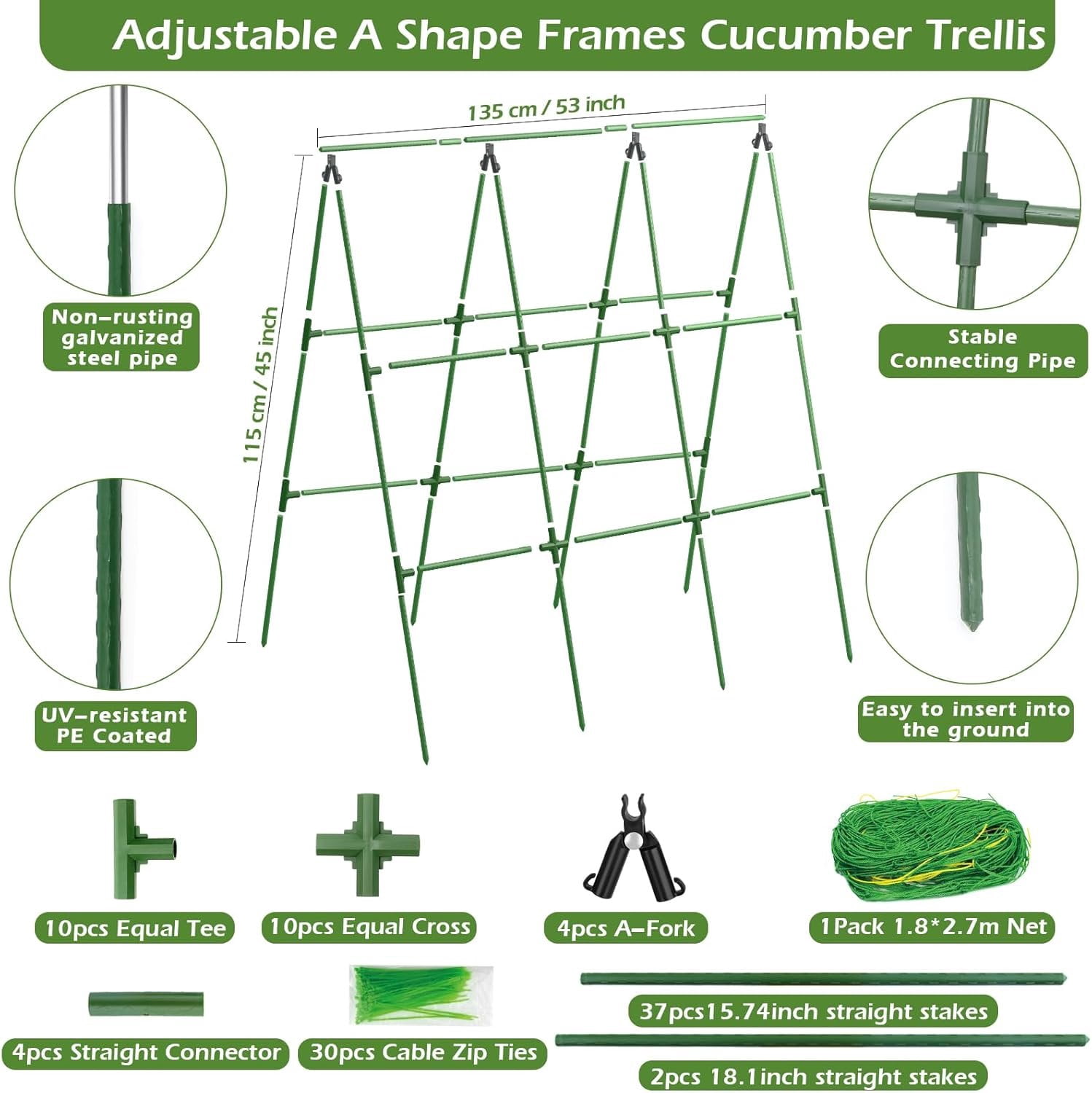 Cucumber Trellis for Raised Beds, 45 x 53 Inch Adjustable Size A-Frame Garden Trellis for Climbing  Outdoors with Climbing Net and  Support Clip for Vegetable Grape Tomato Bean Pea