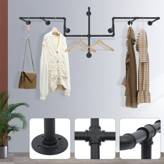Miumaeov Wall Mounted Garment Rack Hanger Industrial Pipe Clothes Hanging Bar Display Stand for Retail Black