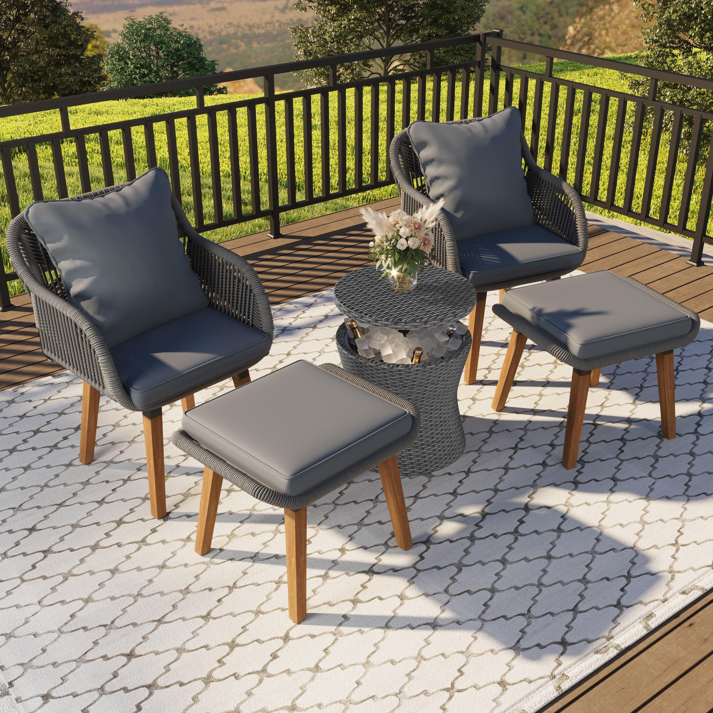 SYNGAR Patio Wicker Chairs Set, 5 PCS Patio Furniture Set with Coffee Table, Ottoman Footrest and Gray Cushions, Outside Sectional Sofa Set, Porch Balcony Lawn Pool Conversation Set, GE037