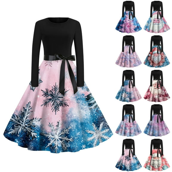 Christmas Dresses for Women Women's Fashion Round Neck Casual Slim Christmas Printed Long Sleeve Dresses for Christmas Party,Blue,L