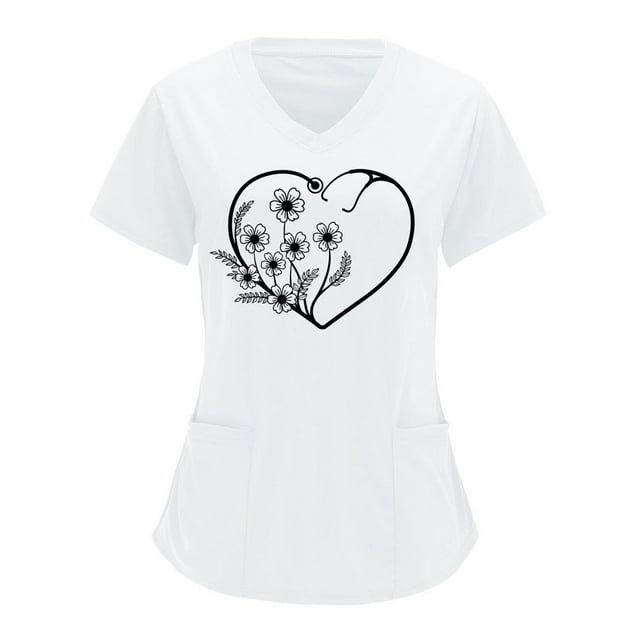 Womens Scrub Top V-neck Solid Color Overalls Partial Positioning Printing Short Sleeve Working Uniform Tops