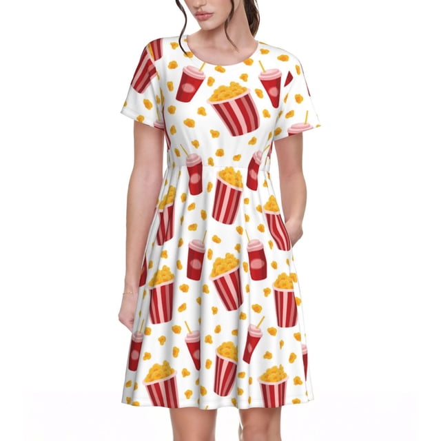 Bixox Robe d'Été à Manches Courtes pour Femmes Robe Ample Longueur Genou avec Poches-Maïs Soufflé