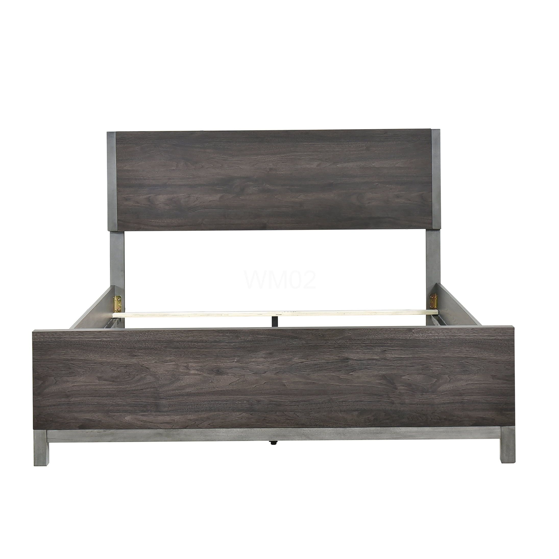 Modern Low Profile Queen Platform Bed Frame with Upholstered Headboard, Silver Metal Accents, Scratch Resistant Surface, No Box Spring Needed