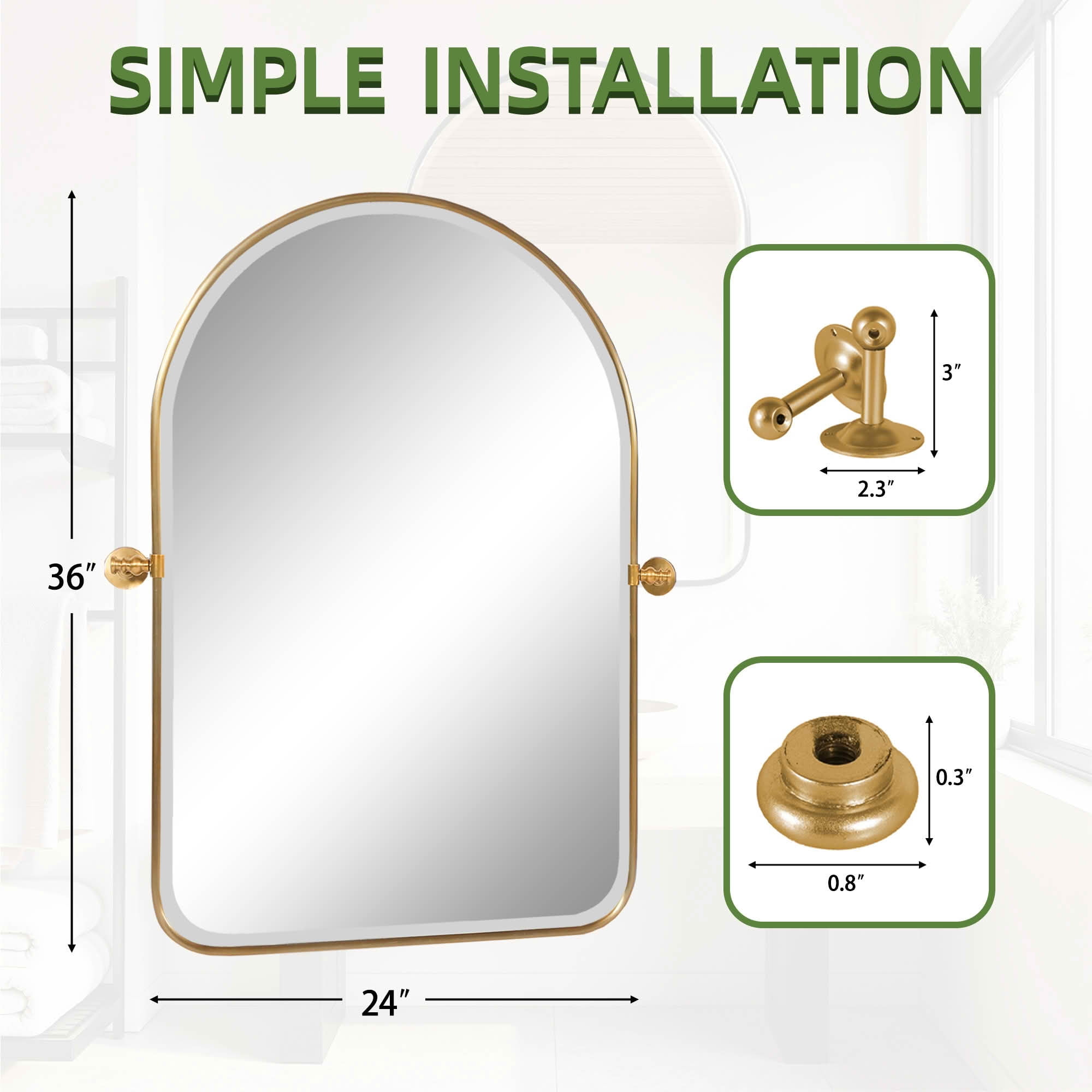 MAYEERTY 36x24 Inch Gold Metal Round Corner Arched Swivel Wall Mounted Mirror for Bathroom
