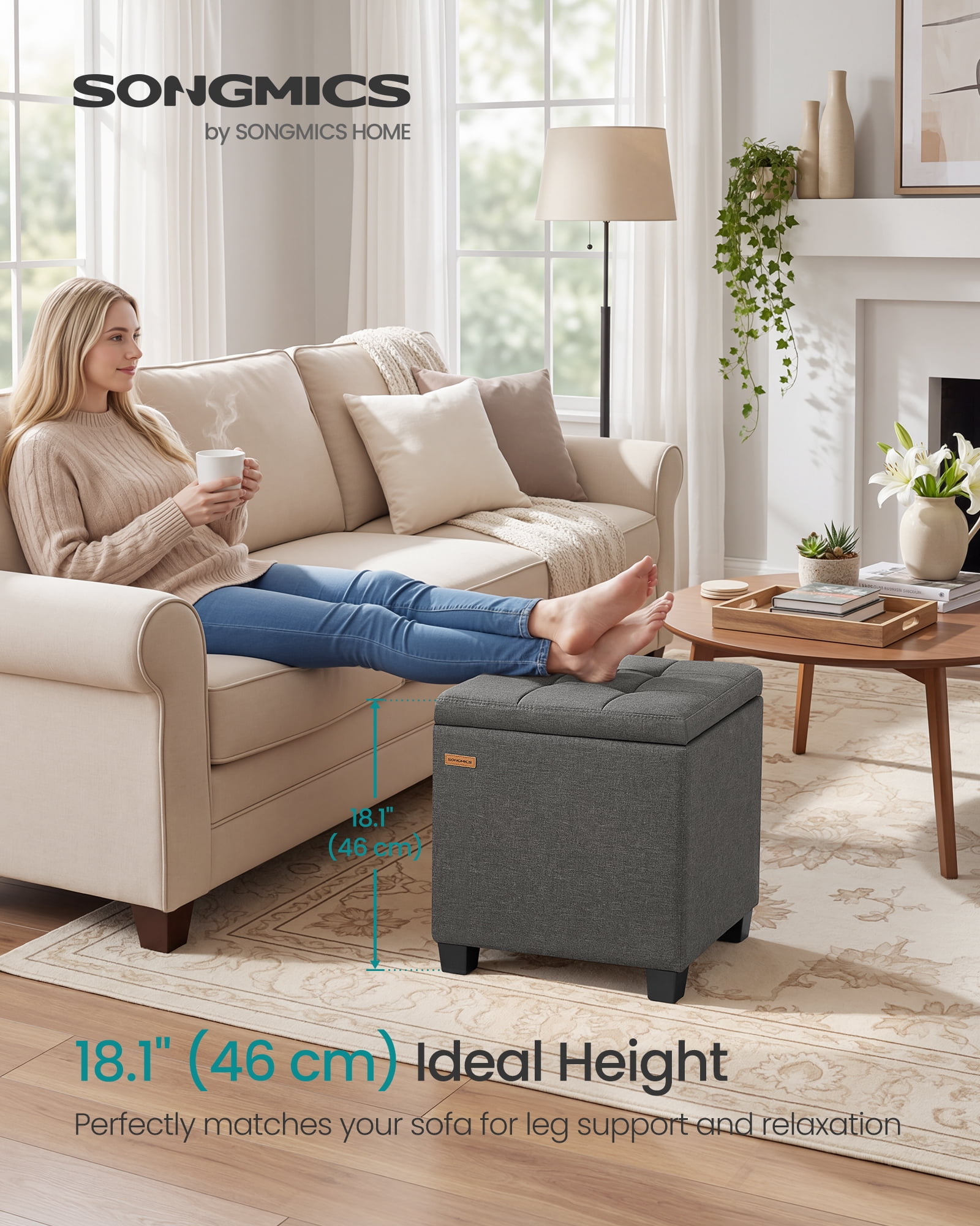 SONGMICS Square Storage Ottoman, Foot Stool Footrest, Ottoman Cube with Hinged Lid, 16.9 x 16.9 x 18.1 Inches, Linen-Look Fabric, Slate Gray