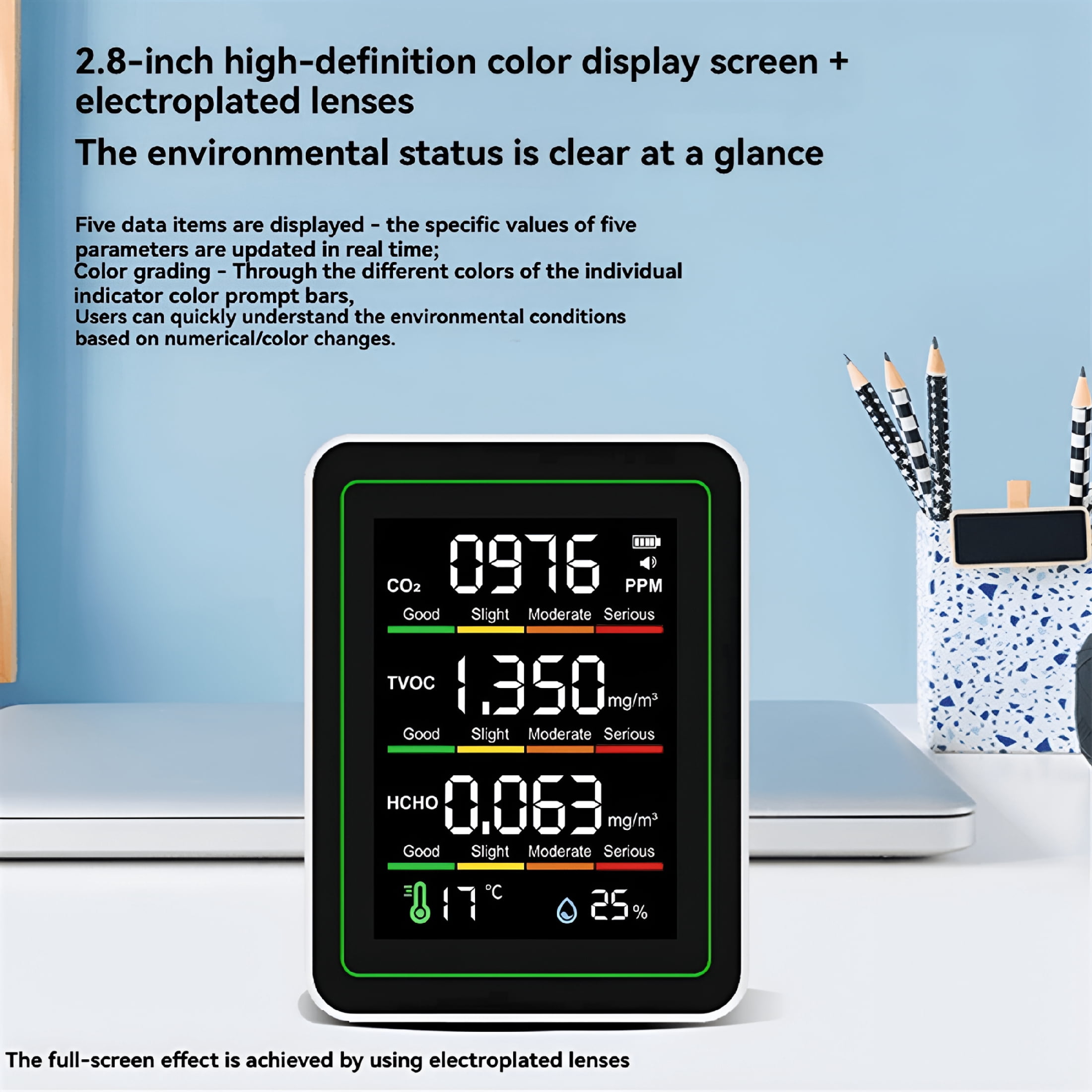 GJX Indoor Air Quality Monitor, CO2 Monitor/Temperature/Formaldehyde Detector TVOC for Rooms, Grow Tents with Bracket White, 1 x Air Quality Monitor with Bracket, White