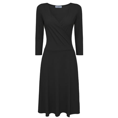 Print Surplice Dress - TAM WARE Women Stylish Surplice Neckline 3/4 Sleeve Skater Dress