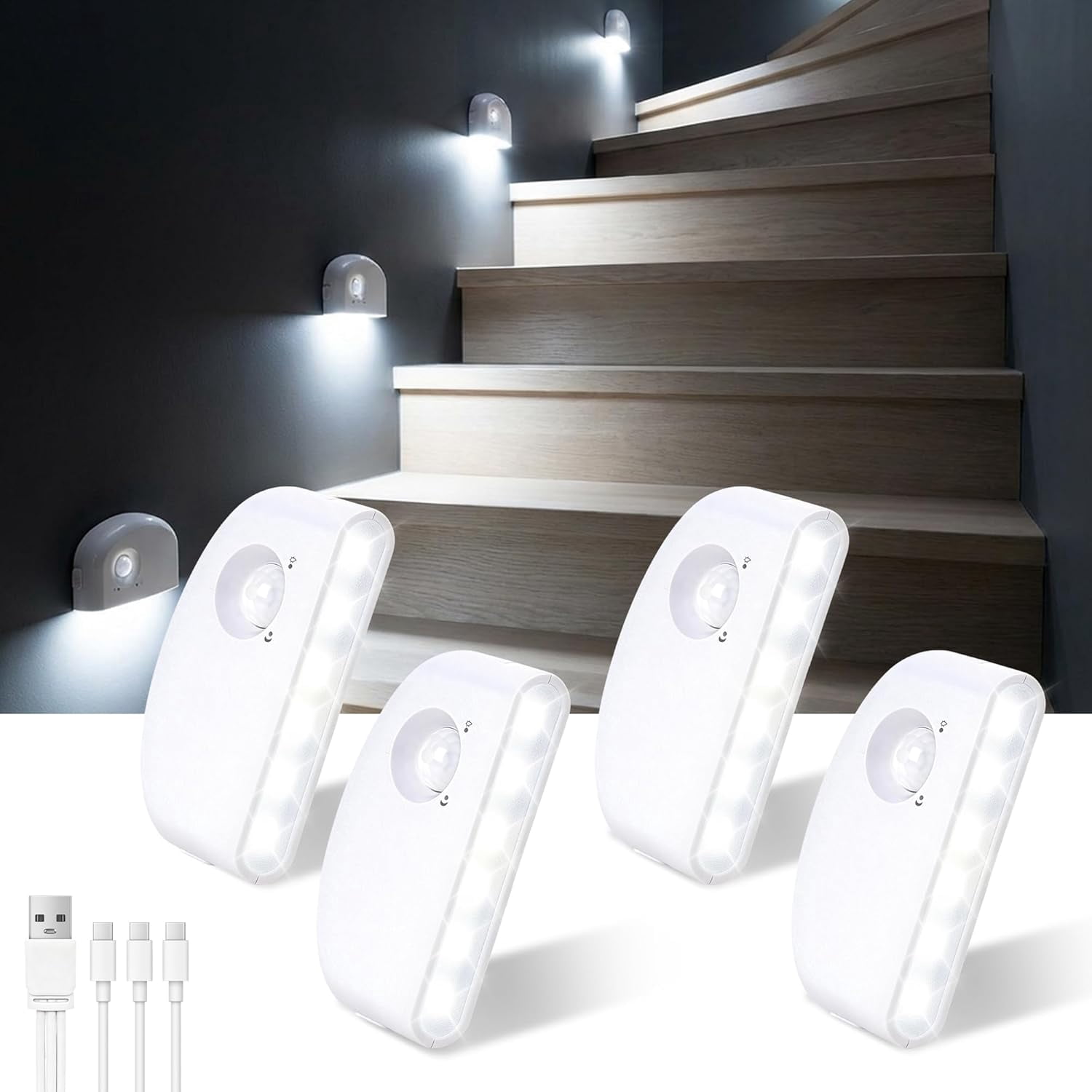 8 Pack Rechargeable Motion Sensor Stair Lights Indoor, Motion Activated Night Light Led Battery Powered Portable Automatic Wireless Stick On Lamp for Step Hallway Closet Under Cabinet