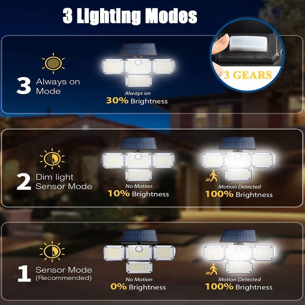 2Pack Solar Outdoor Lights, 3000LM Motion Sensor Outdoor Light IP65 Waterproof 4 Heads 270°Wide Angle 6500K Solar Powered Security Flood Lights for Outside Garage Patio Yard with 3 Modes