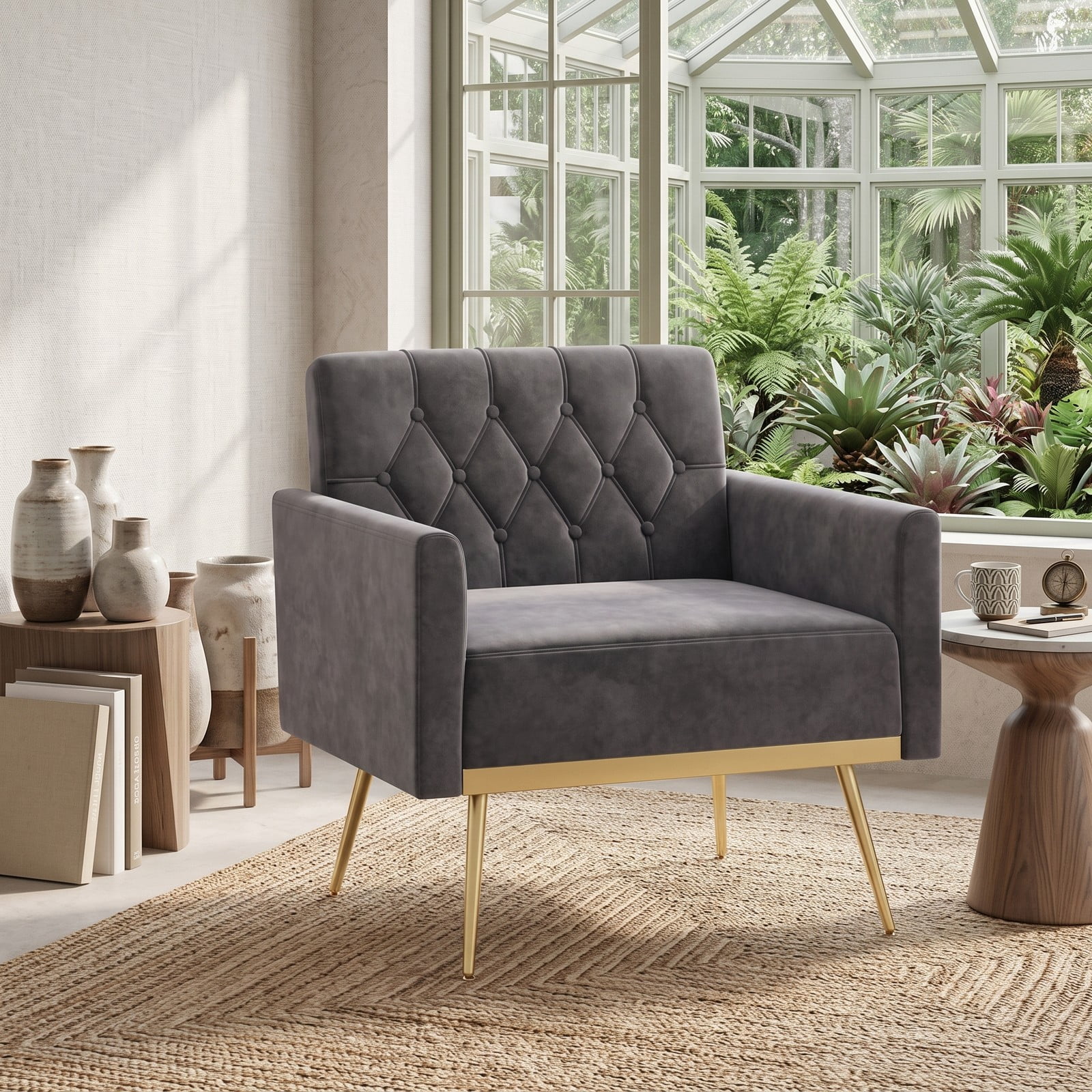 Furnibear Modern Velvet Accent Chair, Upholstered Button-Tufted Single Sofa Armchair with Adjustable Feet and Metal Legs for Living Room Bedroom Office, 350 lbs, Gray