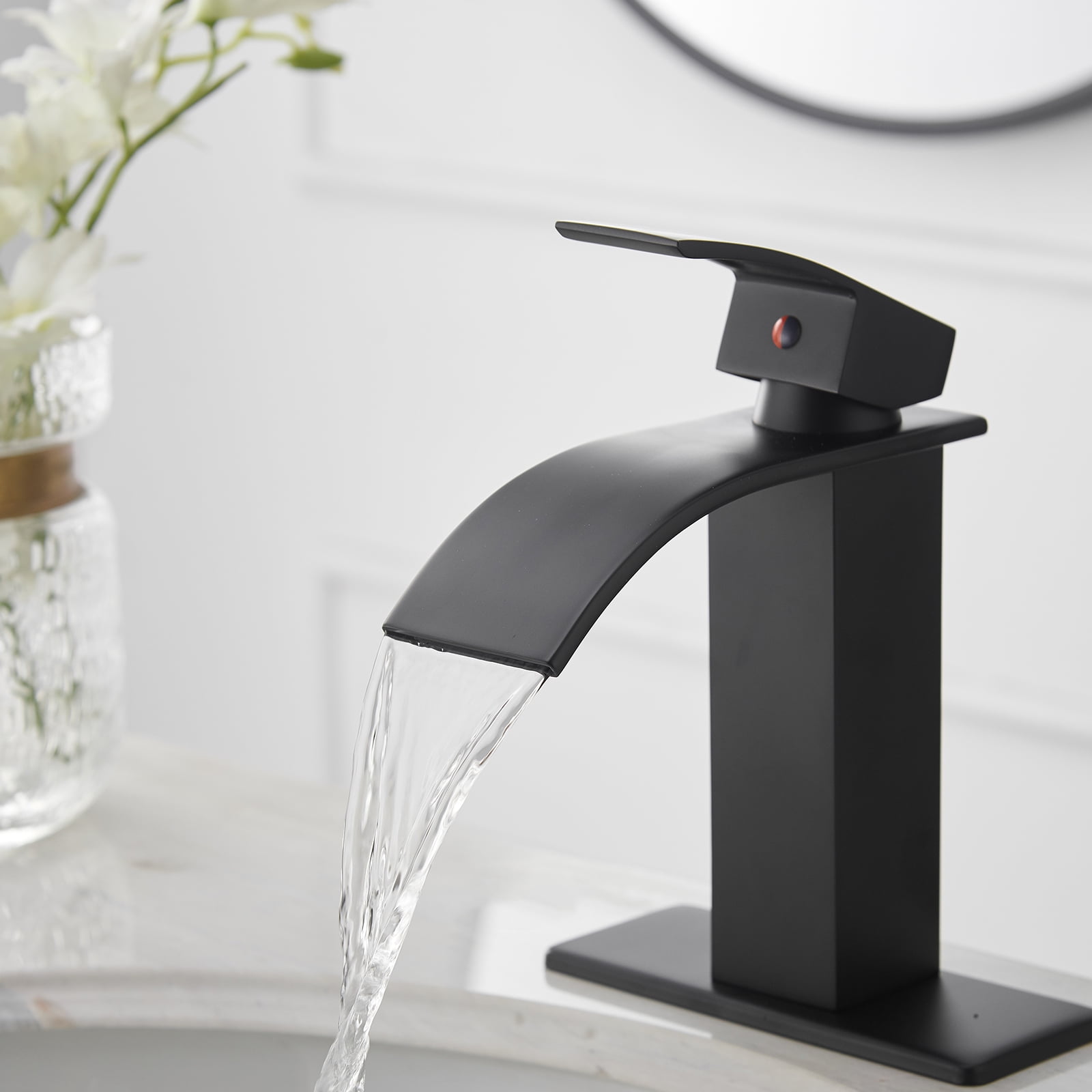 BWE Matte Black Bathroom Faucet Modern Waterfall Single Hole Faucet for Bathroom Sink Single Handle with Pop Up Drain with Overflow Assembly and Supply Line Lavatory Bath Faucet