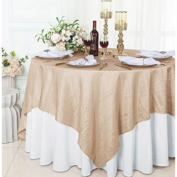 Wedding Linens Inc. 85" Square Crushed Crinkle Taffeta Table Overlay Toppers - Champagne