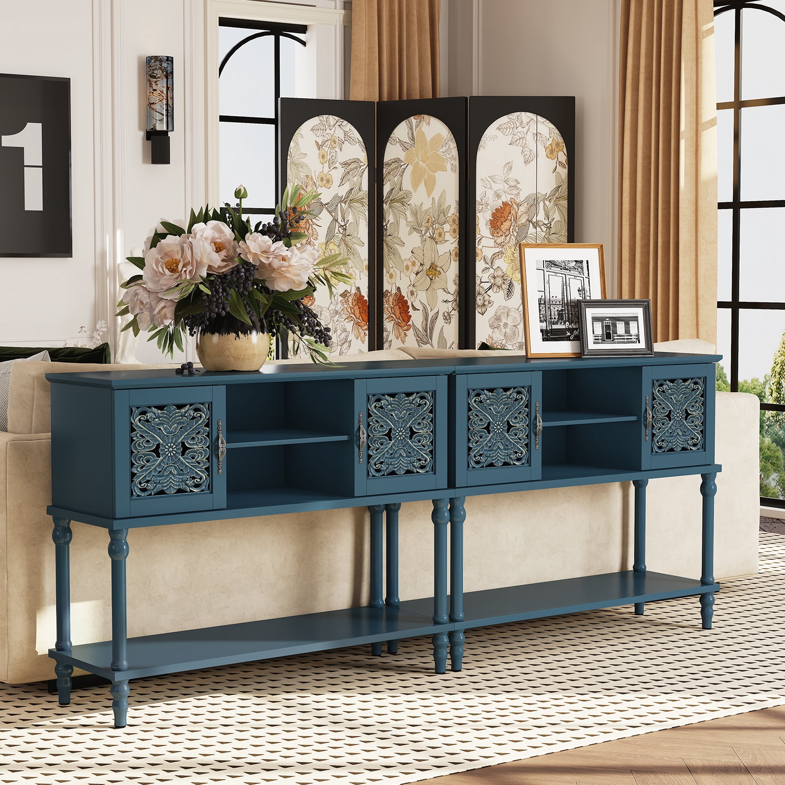 HLR Modern 42" Console Table with Storage, Entryway Table Wood Behind Couch with Shelves for Living Room, Blue