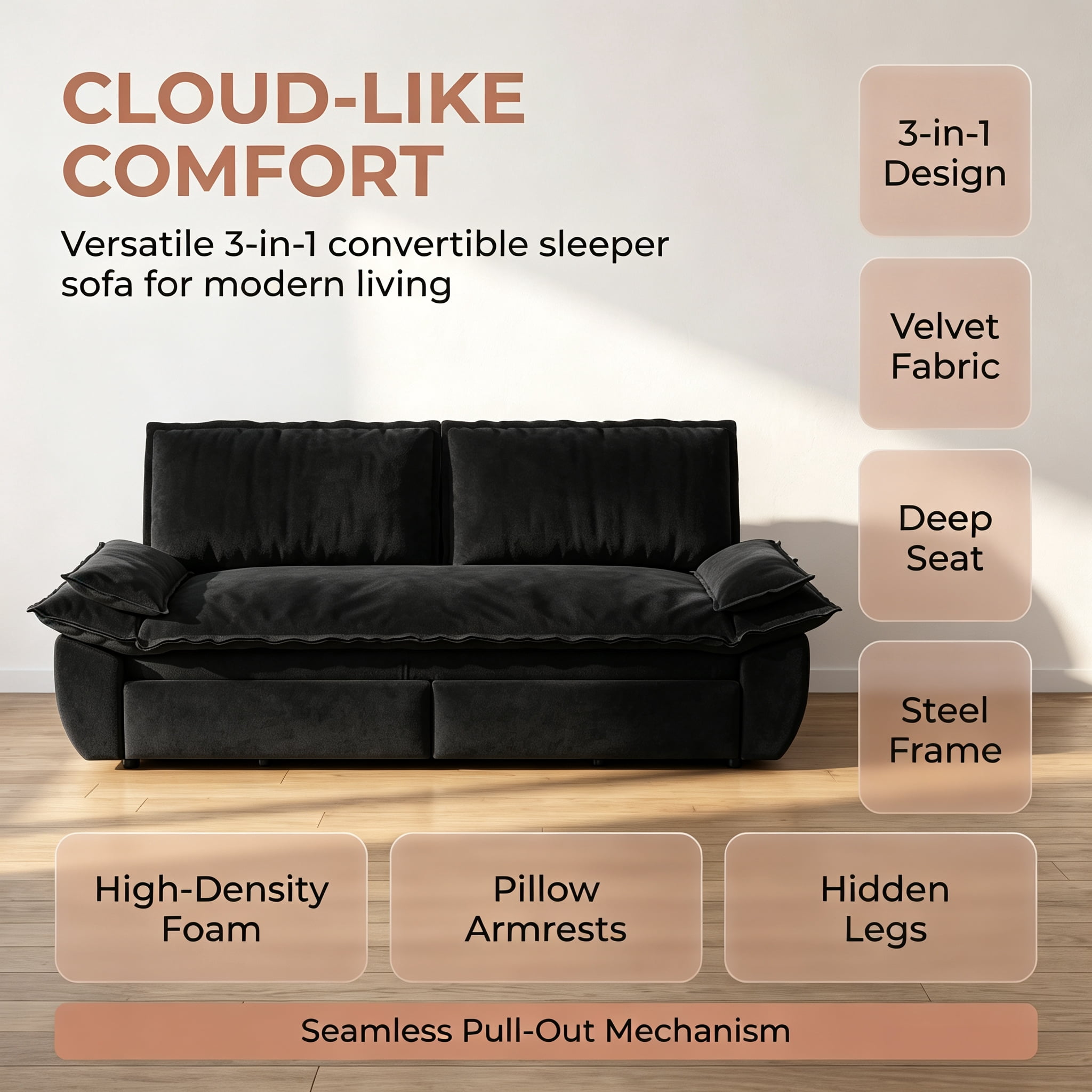 3-in-1 Queen Convertible Sleeper Sofa Bed, 73.2" Velvet Pull Out Couch with Extra Deep Seat & Pillow Top Armrests, Modern Folding Futon Lounge, Black