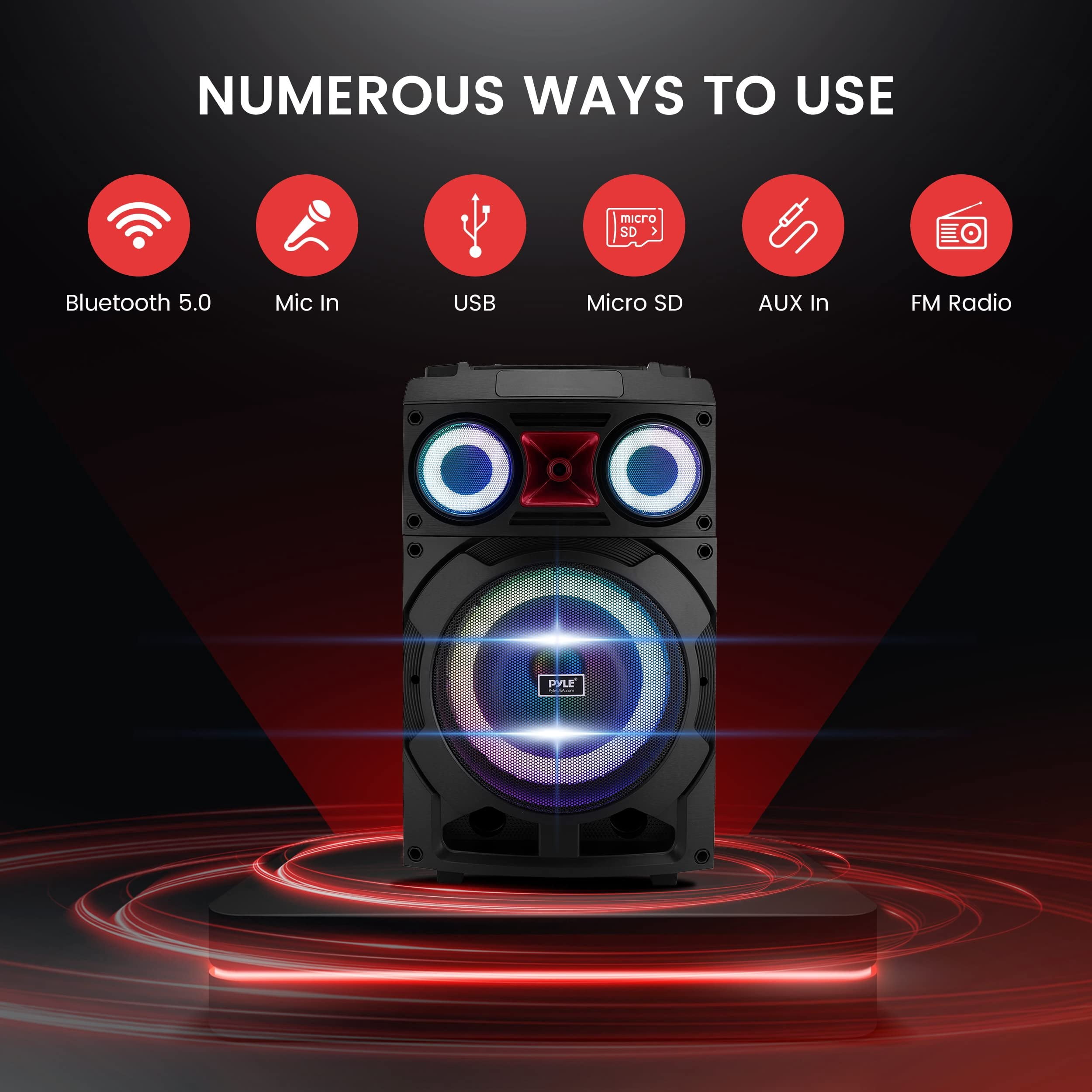 Pyle Portable Bluetooth PA Speaker System - 800W 10 Rechargeable Speaker, TWS, Party Light, LED Display, FM/AUX/MP3/USB/SD, Wheels - Wireless Mic, Remote Control, Tablet Holder Included - PHP210DJT