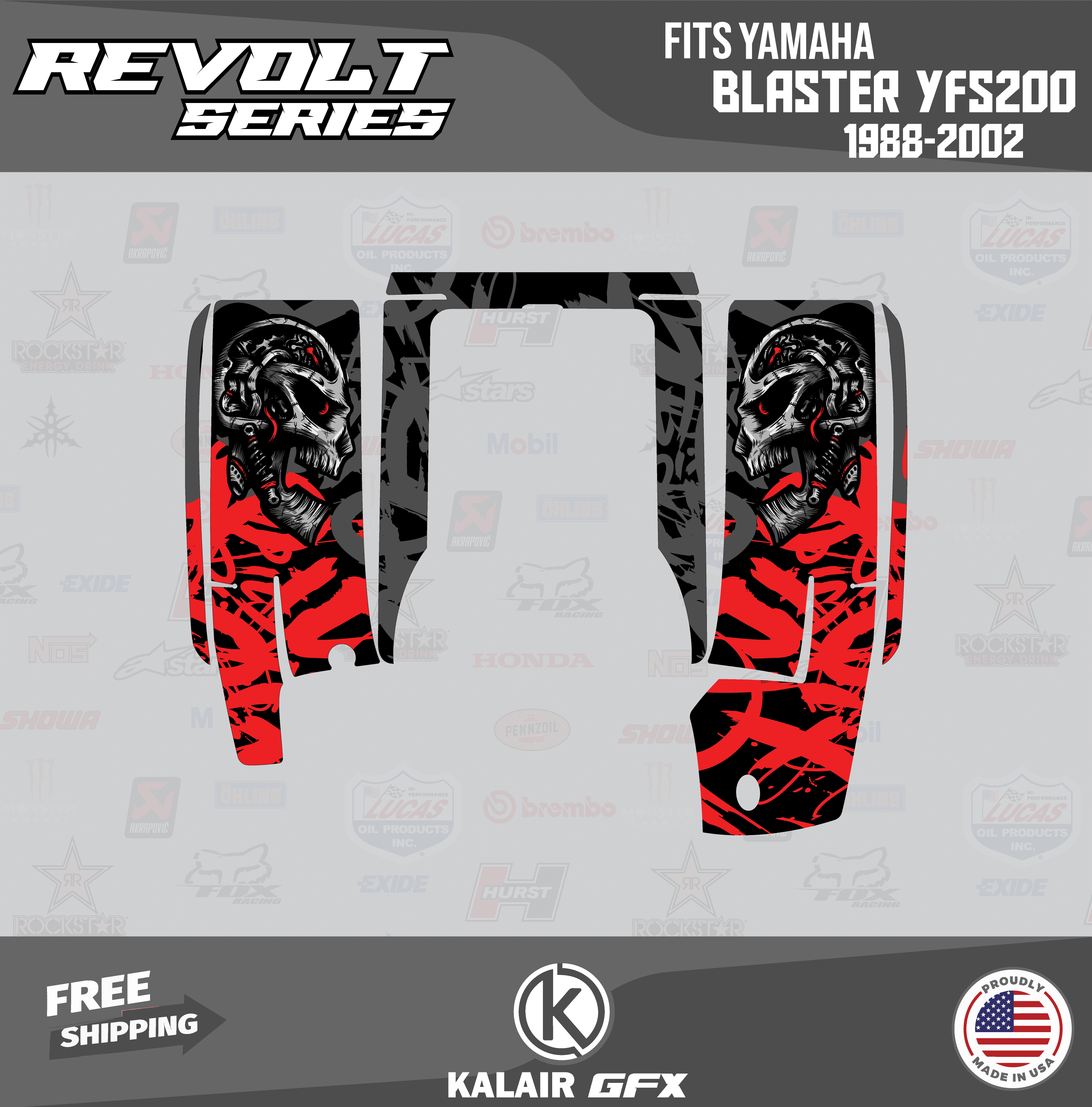 KALAIR GFX Revolt Red Graphics Kit – For Yamaha Blaster YFS200 1988-2002 – 16 Mil Thick