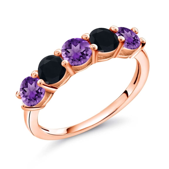 Gem Stone King 18K Rose Gold Plated Silver Purple Amethyst and Black Onyx Wedding Band Ring for Women (0.74 Cttw, Round 3.5MM, Gemstone February Birthstone, Size 7)