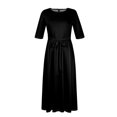 thumbnail image 4 of Nisorays Women's A Line Self Tie Waist Maxi Dress Round Neck 3/4 Sleeve High Waist Plus Size Swing Flare Long Dresses Black 2XL, 4 of 5