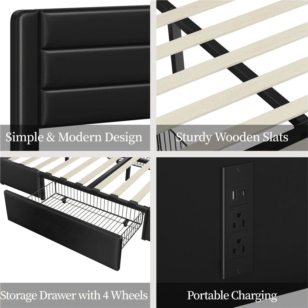 Renwick Upholstered Platform Bed with Storage Drawers and USB Ports, All Ages, Black, Queen