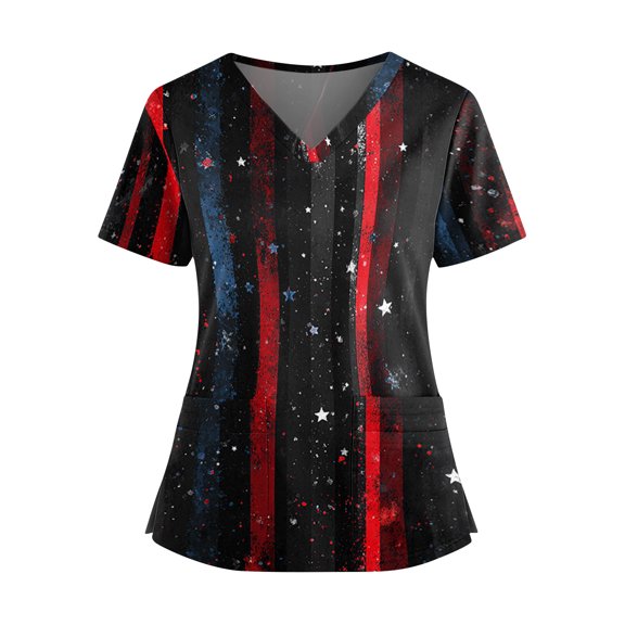 250 Anniversary USA 1776 - 2026 4th of July Scrub Tops for Women Vneck Patriotic Working Uniforms Pockets Blouses 01-Black L