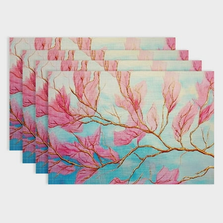 

Pratyus Pink Leaves Linen Cloth Placemats Set of 4 for Elegant Dining and Home Decoration 18x12in