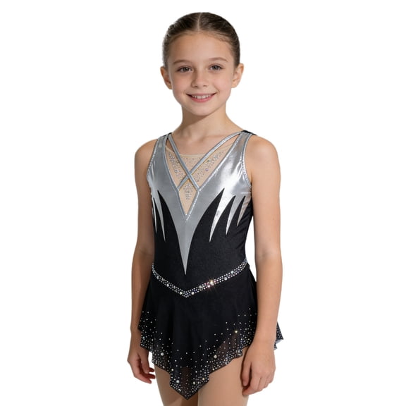 Hansber Figure Ice Skating Dress for Girls Sleeveless Rhinestones Irregular Skirt Leotard Ballet Tutu Dress Black Silver 6