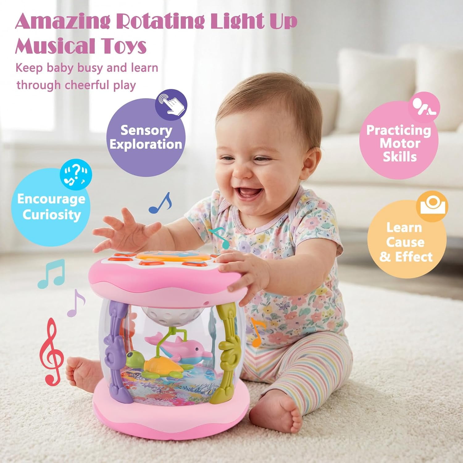 Ficcug Baby Musical Toys for 6-12 Months,Baby Light Up Rotating Ocean Projector Drums Toy for Infant Tummy Time,Learning Crawling Toys for 1 2 3 Year Old Toddler Girls Birthday Gift,Pink
