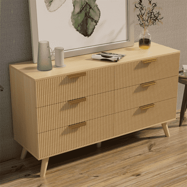 Yeahumalia 6 Drawer Double Dresser, Boho Fluted Wooden Chests for Bedroom, Living Room, Entryway, Nature Wood Color